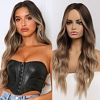 Piaou Ombre Brown To Blonde Wigs For Women Long Natural Wave Synthetic Wigs Heat Resistant Hair Wig Natural Looking Cosplay Part