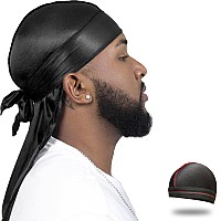 Forcewave Silky Durag For Men Wave Cap Satin Dorag For Men Women 360 Wave Black