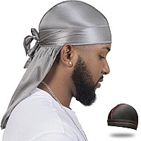 Forcewave Silky Durag For Men Wave Cap Satin Dorag For Men Women 360 Wave Gray