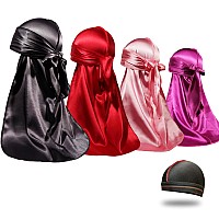 4Pcs Silky Durags For Men Women 360 Waves With 1 Wave Cap Silky Satin Durag Extra Long Tails