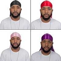 4Pcs Silky Durags For Men Women 360 Waves With 1 Wave Cap Silky Satin Durag Extra Long Tails