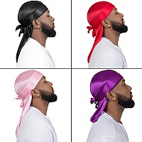 4Pcs Silky Durags For Men Women 360 Waves With 1 Wave Cap Silky Satin Durag Extra Long Tails