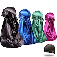 4PCS Silky Durags for Men Women 360 Waves with 1 Wave Cap, Silky Satin Durag Extra Long Tails