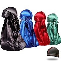 4PCS Silky Durags for Men Women 360 Waves with 1 Wave Cap, Silky Satin Durag Extra Long Tails