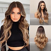 piaou Ombre Dark Brown to Blonde Wigs for Women Long Natural Wave Synthetic Wigs Heat Resistant Hair Part Daily Cosplay Wigs Natural Looking (Ombre Dark Brown to Blonde)