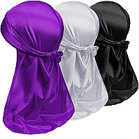 3Pcs Silky Durag Pack For Men Waves Satin Doo Rag For 360 540 720 Waves Award 1 Wave Cap Purplewhiteblack