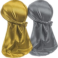 2Pcs Silky Durag Pack For Men Waves Satin Doo Rag For 360 540 720 Waves Goldsilver