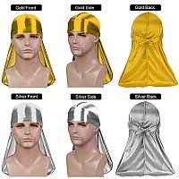 2Pcs Silky Durag Pack For Men Waves Satin Doo Rag For 360 540 720 Waves Goldsilver