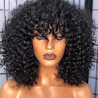 200 Density Scalp Top Curly Full Machine Made Human Hair Wigs With Bangs Remy Brazilian Short Curly Wig For Women 20 Inch