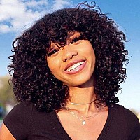 200 Density Scalp Top Curly Full Machine Made Human Hair Wigs With Bangs Remy Brazilian Short Curly Wig For Women 18 Inch