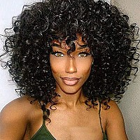 200 Density Scalp Top Curly Full Machine Made Human Hair Wigs with Bangs Remy Brazilian Short Curly Wig For Women(14 inch)