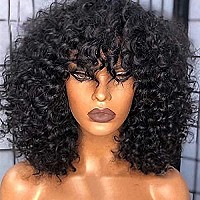 200 Density Scalp Top Curly Full Machine Made Human Hair Wigs With Bangs Remy Brazilian Short Curly Wig For Women 16 Inch