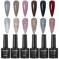 MIZHSE Reflective Glitter Gel Nail Polish, Shimmery Glitter Gel Polish Set 10ml, Sparkly Shiny Gel Nail Art Varnish Manicure Kit, Soak Off LED Lamp, for Beginners DIY at Home (Set of 6)