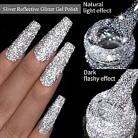 Mizhse Reflective Glitter Gel Nail Polish Silver Nail Gel Sparkly Shiny Gel Polish Soak Off Nail Art Salon Varnish For Beginne