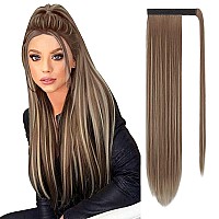 SOFEIYAN Long Straight Ponytail Extension 28 inch Wrap Around Ponytail Synthetic Hair Extensions Clip in Ponytail Hairpiece for Women, Brown & Blonde