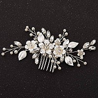 Sweetv Silver Bridal Hair Comb For Wedding Hair Accessories Handmade With Crystals Pearls And Leaves 472 X 275 Inches For