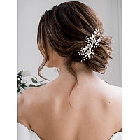 Sweetv Silver Bridal Hair Comb For Wedding Hair Accessories Handmade With Crystals Pearls And Leaves 472 X 275 Inches For