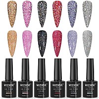 MIZHSE Reflective Glitter Gel Polish Set 10ml, Holographic Glitter Gel Polish Set, Sparkly Shiny Diamond Gel Nail Art, for Starter DIY at Home Soak Off LED Varnish Manicure Kit(Set of 6)