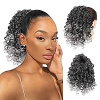 PEACOCO Drawstring Ponytail Extension for Black Women Synthetic Curly Drawstring Ponytail with 2 Clips on Ponytails Hair Extension (T1B/0906)