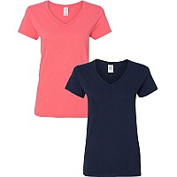 gildan Womens Heavy cotton V-Neck T-Shirt 2-Pack 3XL-coral-Navy