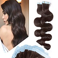 Hairro Tape In Human Hair Extensions 14 Inch Short Body Wave 2 Dark Brown 40G Thin Wavy Seamless Skin Weft Glue In Silky Human