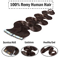 Hairro Tape In Human Hair Extensions 14 Inch Short Body Wave 2 Dark Brown 40G Thin Wavy Seamless Skin Weft Glue In Silky Human