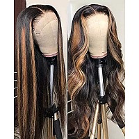 24Inch Human Hair Ombre Honey Blonde Lace Front Wig Black Root With Brown Blonde Highlight Brazilian Remy Hair Silky Straight 13