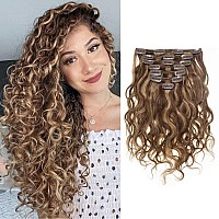 Loxxy Clip In Human Hair Extensions Natural Wave 16Inch P427 Dark Brown Mixed With Caramel Blonde Real Human Hair Extensions F