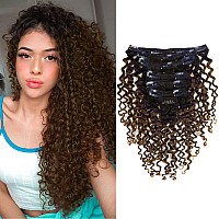 Caliee 3B 3C Curly Clip In Hair Extensions Jerry Curly 18Inch Ombre Natural Black Into Dark Brown Human Hair Brazilian Real Remy