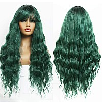 Andria Green Wig With Bangs Blue Color Wig Wet And Wavy Long Loose Curly Wave Synthetic Heat Resistant Fiber Black Ombre Green H