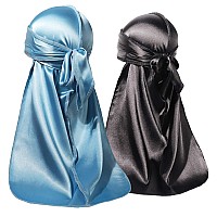 Forcewave 2 Pieces Silky Durag Pack For Men Women Waves Premium Satin Deluxe Durag Skyblue Black