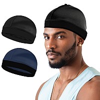 2Pcs Wave Cap Silky Stocking Wave Caps For Men Good Compression Over Durag Blacknavy Blue