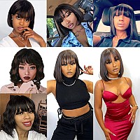 Wenyan Short Bob Wig Human Hair With Bangs 10 Inch None Lace Front Wigs For Black Women Human Hair Brazilian Virgin Straight Hai