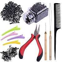 Duufin Hair Extensions Kit 500 Pcs Black Micro Ring Beads 1 Hair Extension Plier 2 Hook Needle Pulling Loop 4 Plastic Alligator Hair Clips 1 Comb and 2 Bags Black Mini Rubber Hair Elastic