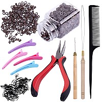 Duufin Hair Extensions Kit 500 Pcs Brown Micro Ring Beads 1 Micro Beads Plier 2 Hook Needle Pulling Loop 4 Plastic Alligator Hair Clips 1 Comb and 2 Bags Black Mini Rubber Hair Elastic