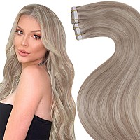 LaaVoo Tape in Hair Extensions Human Hair Blonde Highlights Skin Weft Tape Hair Extensions Ash Blonde with Bleach Blonde Hair Extensions Tape in for Short Hair Extensions 20pcs 30g 12inch