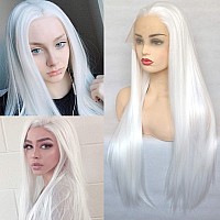 Bluple Long Straight Lace Front Wigs 1001 Platinum White Natural Heat Resistant Synthetic Hair Half Hand Tied Wigs For Cosplay