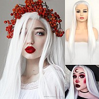 Bluple Long Straight Lace Front Wigs 1001 Platinum White Natural Heat Resistant Synthetic Hair Half Hand Tied Wigs For Cosplay