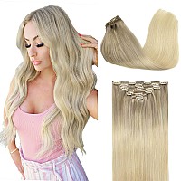 Doores Clip In Hair Extensions Balayage Ash Blonde To Golden Blonde And Platinum Blonde 14 Inch 120G 7Pcs Remy Human Hair Clip I