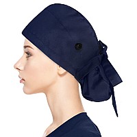 Fesciory Adjustable Working Caps With Button Sweatband Women Ponytail Pouch Hats Long Hair Navy