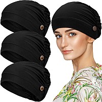 Geyoga 3 Pieces Bouffant Caps With Buttons Unisex Stretchy Headband Turban With Buttons For Women Black