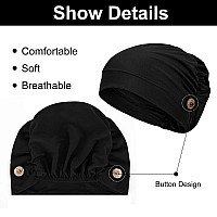 Geyoga 3 Pieces Bouffant Caps With Buttons Unisex Stretchy Headband Turban With Buttons For Women Black