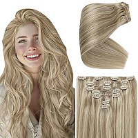 Ve Sunny Clip In Hair Extensions Human Hair 22 Inch Warm Blonde Highlight Medium Blonde Double Weft Full Head Human Hair 7 Pcs 1