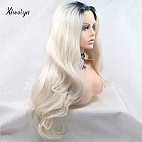 Xiweiyap White Wig Long Wacy Platinum Blonde Synthetic Lace Front Wig With Dark Roots Heat Resistant Fiber For American Women Da