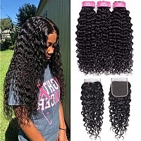 Odir Water Wave Bundles With Closure 26 28 3020 Inch Unprocessed 9A Brazilian Virgin Human Hair Wet And Wavy 3 Bundles With 4X4