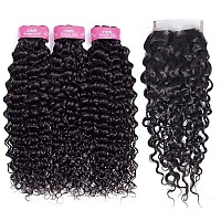 Odir Water Wave Bundles With Closure 26 28 3020 Inch Unprocessed 9A Brazilian Virgin Human Hair Wet And Wavy 3 Bundles With 4X4