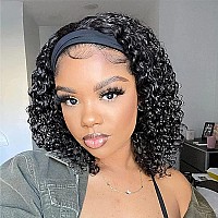 Deep Wave Headband Wig Human Hair 12Inch None Lace Front Wigs Brazilian Virgin Hair Machine Made Wigs Glueless Deep Curly Wave H