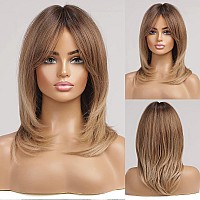 HAIRCUBE Ombre Brown Wigs for Women Shoulder Length Wigs Charming Long Curly Wigs with Bangs Daily Use