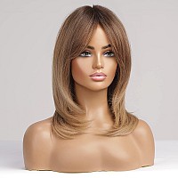 HAIRCUBE Ombre Brown Wigs for Women Shoulder Length Wigs Charming Long Curly Wigs with Bangs Daily Use