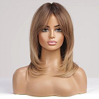 HAIRCUBE Ombre Brown Wigs for Women Shoulder Length Wigs Charming Long Curly Wigs with Bangs Daily Use